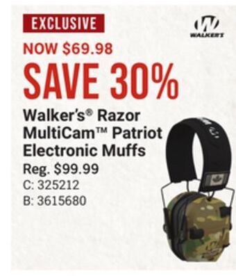 Bass Pro Walker's® razor multicam™ patriot electronic muffs offer