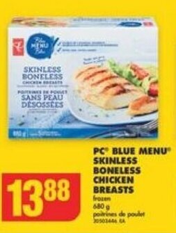 No Frills PC BLUE MENU SKINLESS BONELESS CHICKEN BREASTS frozen 680g offer