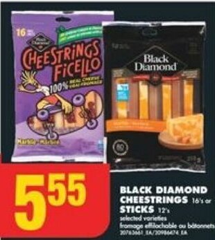 No Frills BLACK DIAMOND CHEESTRINGS 16's or STICKS 12's offer