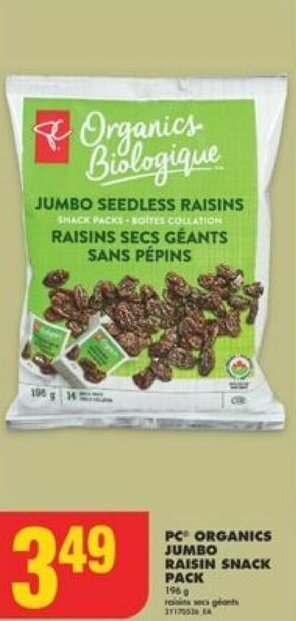 No Frills PC ORGANICS JUMBO RAISIN SNACK PACK 196G offer