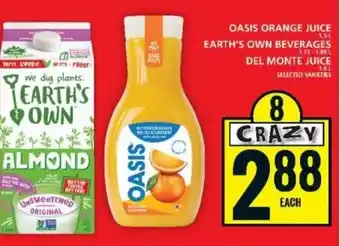 Food Basics OASIS ORANGE JUICE 1.5L EARTH'S OWN BEVERAGES DEL MONTE JUICE 1.61 offer