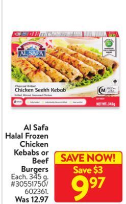 Walmart Al safa halal frozen chicken kebabs or beef burgers offer