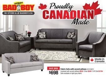 Bad Boy Superstore Fabric sofa with accent pillows offer