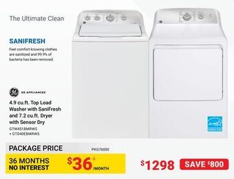 Visions Electronics Ge appliances 4.9 cu.ft. top load washer with sanifresh and 7.2 cu.ft. dryer with sensor dry offer