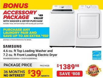 Visions Electronics Samsung 4.6 cu. ft top loading washer and 7.2 cu. ft front loading electric dryer offer