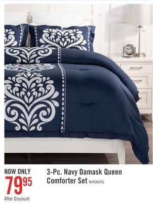 The Brick Navy damask 3-piece full/queen comforter set offer
