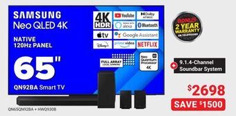 Visions Electronics Samsung neo qled 4k native 120hz panel qn92ba smart tv 65 offer