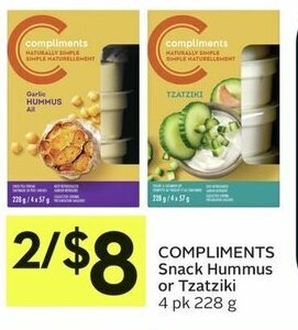 IGA COMPLIMENTS Snack Hummus or Tzatziki 4 pk 228 g offer