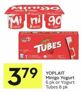 IGA YOPLAIT Minigo Yogurt 6 pk or Yogurt Tubes 8 pk offer