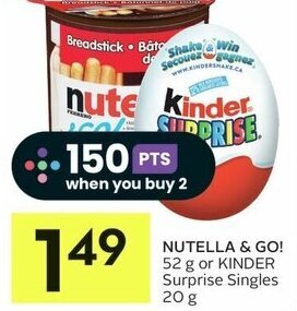 IGA NUTELLA & GO! 52 g or KINDER Surprise Singles 20 g offer
