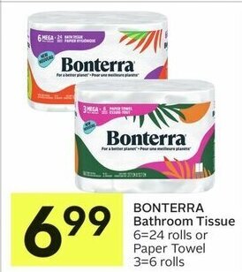 IGA BONTERRA Bathroom Tissue 6=24 rolls or Paper Towel 3=6 rolls offer