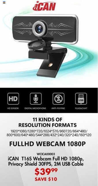 Canada Computers ¡CAN T16S Webcam Full HD 1080p, Privacy Shield 30FPS, 2M USB Cable offer