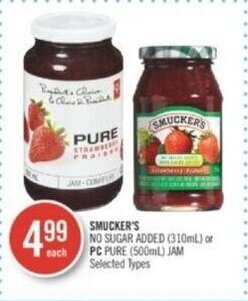 Shoppers Drug Mart SMUCKER'S NO SUGAR ADDED (310mL) or PC PURE (500mL) JAM offer