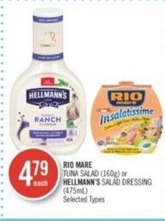 Shoppers Drug Mart RIO MARE TUNA SALAD (160g) or each HELLMANN'S SALAD DRESSING (475ml) offer
