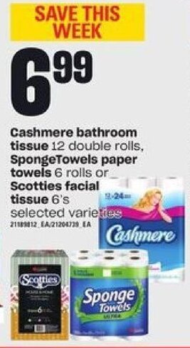 Loblaws Cashmere bathroom tissue 12 double rolls, SpongeTowels paper towels 6 rolls or Scotties facial tissue 6's offer