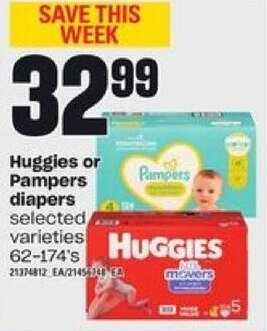 Loblaws Huggies or Pampers diapers 62 - 174's offer