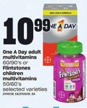 Loblaws One A Day adult multivitamins 60/90's or Flintstones children multivitamins 50/60's offer