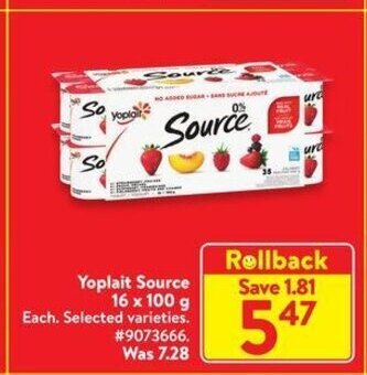Walmart Yoplait Source 16 x 100 g offer