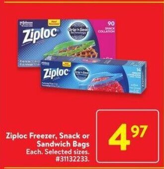 Walmart Ziploc Freezer, Snack or Sandwich Bags offer