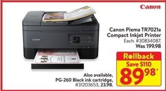 Walmart Canon Pixma TR7021a Compact Inkjet Printer offer