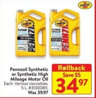 Walmart Pennzoil Synthetic or Synthetic High Mileage Motor Oil offer
