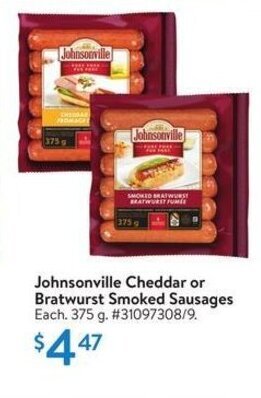 Walmart Johnsonville Cheddar or Bratwurst Smoked Sausages offer