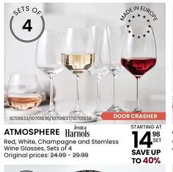 Stokes Atmosphere red, white, champagne and stemless wine glasses, sets of 4 offer