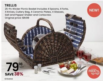 Stokes Trellis 25-pc wicker picnic basket includes 4 spoons, 4 forks, 4 knives, cutlery bag, 4 ceramic plates, 4 glasses, salt and p offer