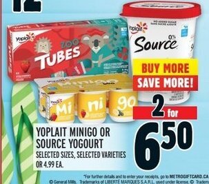 Metro YOPLAIT MINIGO OR SOURCE YOGOURT offer