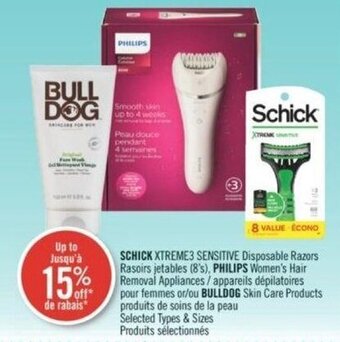 Shoppers Drug Mart SCHICK XTREME3 SENSITIVE Disposable Razors(8's), PHILIPS Women's Hair Removal or BULL DOG Skin care Products offer