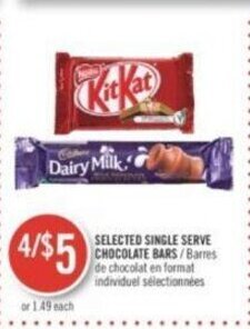 Shoppers Drug Mart SELECTED SINGLE SERVE CHOCOLATE BARS (for 4) offer