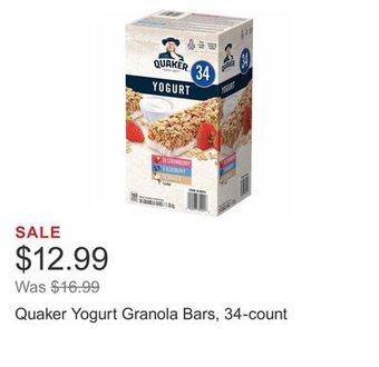 Costco Quaker yogurt granola bars, 34-count offer