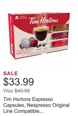Costco Tim hortons espresso capsules, nespresso original line compatible variety pack, 60-count offer