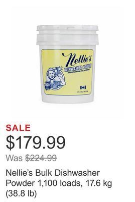 Costco Nellie's bulk dishwasher powder 1,100 loads, 17.6 kg (38.8 lb) offer