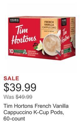 Costco Tim hortons french vanilla cappuccino k-cup pods, 60-count offer