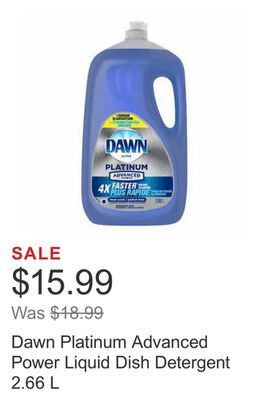 Costco Dawn platinum advanced power liquid dish detergent 2.66 l offer