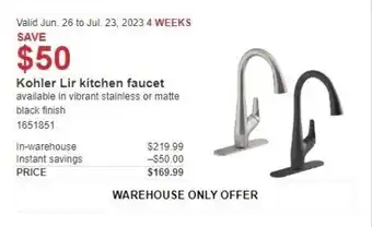 Costco Kohler Lir kitchen faucet offer
