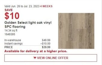Costco Golden Select light oak vinyl SPC flooring offer