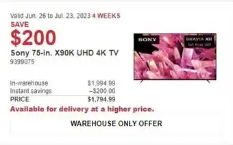 Costco Sony 75-in. X90K UHD 4K TV offer