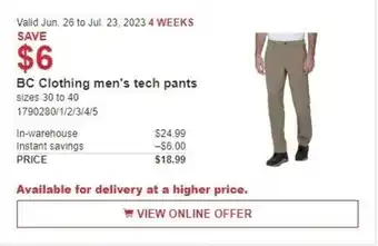 Costco BC Clothing men's tech pants offer