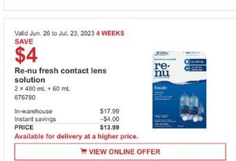 Costco Re-nu fresh contact lens solution offer