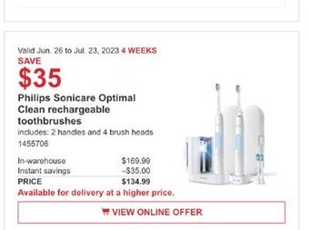 Costco Philips sonicare optimal clean rechargeable toothbrushes offer