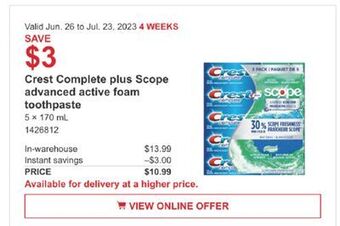 Costco Crest complete plus scope advanced active foam toothpaste offer