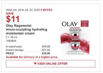Costco Olay regenerist micro-sculpting hydrating moisturizer cream offer