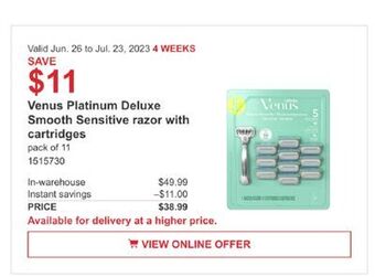 Costco Venus platinum deluxe smooth sensitive razor with cartridges offer