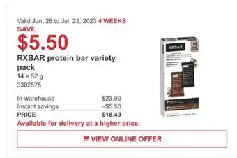Costco Rxbar protein in bar variety pack offer