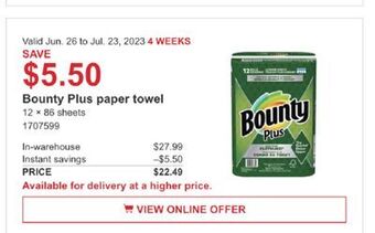 Costco Bounty plus paper towel offer