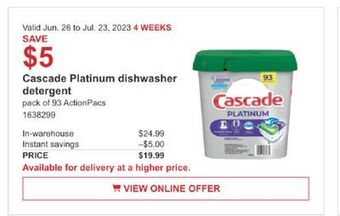 Costco Cascade platinum dishwasher detergent offer