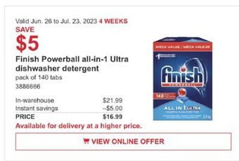 Costco Finish powerball all-in-1 ultra dishwasher detergent offer