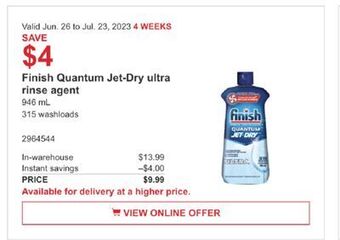 Costco Finish quantum jet-dry ultra rinse agent offer